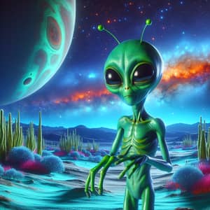 Curious Green Alien Exploration in Vibrant Galaxy Setting