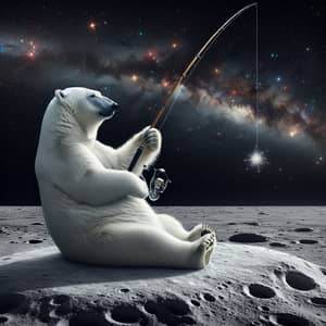 Polar Bear Fishing for Stars on Moon | Serene Cosmic Scene