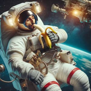Middle-Eastern Astronaut Enjoying a Banana in Zero Gravity