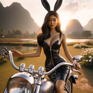 Bunny Girl in Leather Dress on Vintage Bike | South Asian Descent