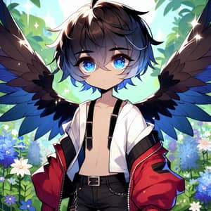 Anime-Style Character with Blue Hair and Wings in Meadow of Blue and Purple Flowers