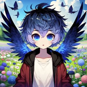 Anime-Style Teenage Character with Blue Hair & Feathered Wings