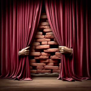Revealing a Surprise: Opening Plush Velvet Curtains to a Brick Wall