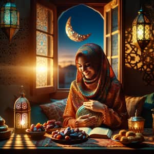 Ramadan Hijabi Woman Seated at Festive Table | Celebrating Sunset Fast