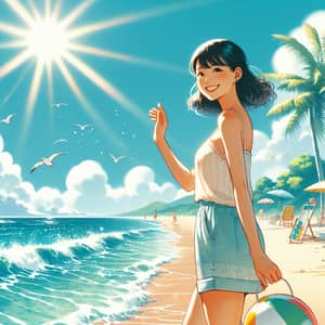 Japanese Woman Enjoying Sunny Day at Beach | Tranquil Seaside Scene