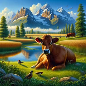 Mature Brown Cow in Peaceful Countryside | Serene Pastoral Scene