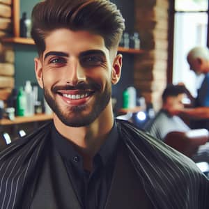 Stylish Middle-Eastern Gentleman Exits Barbershop with Broad Smile