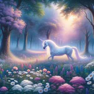 Mystical Forest Glade with Unicorn among Wildflowers