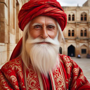 Elderly Middle-Eastern Man in Vibrant Red Robe | Historic City Background