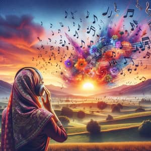 South Asian Woman Listening to Music at Sunset