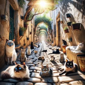Feline Spectacle on Cobblestone Street: Cats in Harmony