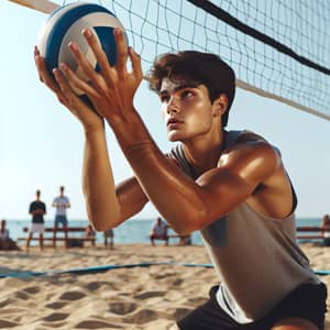 Middle-Eastern Boy Playing Volleyball on Sandy Beach