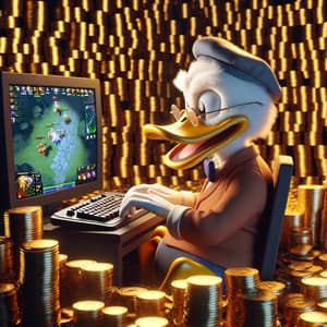 Elderly Duck in Cyber Sporting Room with Golden Coins