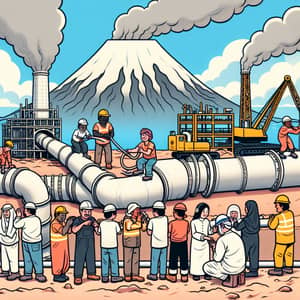 Diverse Workers Building Geothermal Power Plant Near Volcano