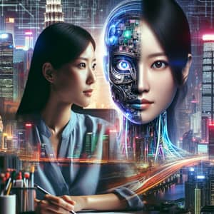 Asian Woman & AI Robotics in Futuristic Urban Metropolis
