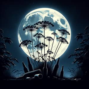 Scenic Night View with Moon and Silhouetted Weeds