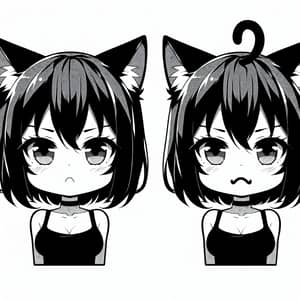 Black and White Manga Drawing of Catgirl with Black Hair and Pouty Expression