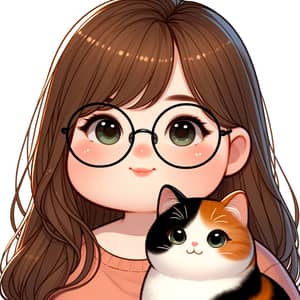 Plump Asian Girl with Square Glasses and Calico Cat
