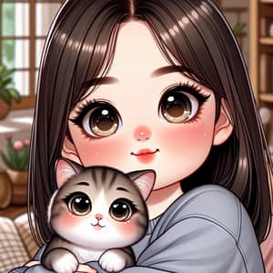 Adorable Asian Girl with Pet Cat | Heartwarming Illustration