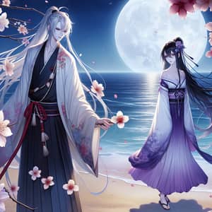 Inuyasha and Kikyo at the Beach: Serene Moonlit Scene