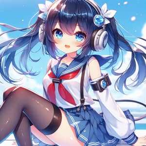 Anime Girl with Blue Hair and White Headphones | Cheerful Schoolgirl Concept