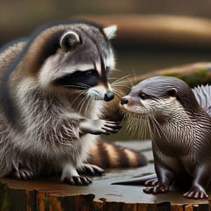 Friendly Raccoon and Otter Interaction in Natural Habitat