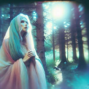 Dreamy Vintage Film Camera Scene of Mysterious Woman in Moonlit Forest