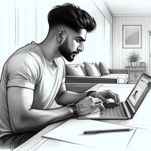 Detailed Sketch of South Asian Man Working on Laptop