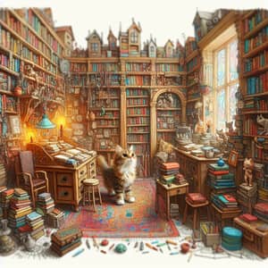 Whimsical High-Saturation Library Scene with Inquisitive Feline