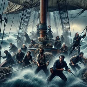 Stormy Sea Vessel Scene: Crew in Unity Against Adversity