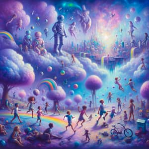 Surrealistic Oil Painting of Diverse Children Playing in Dreamlike World