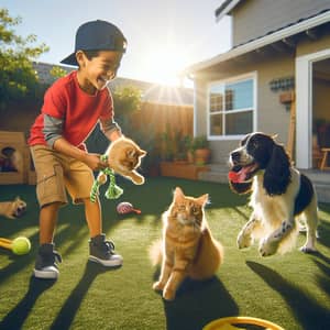 Joyful Hispanic Child Playing with Cat and Dog in Backyard