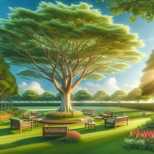 Tranquil Park Scene with Vibrant Tree: Spring Serenity