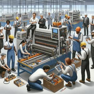 Diverse Crew Installing Mini Production Line in Factory