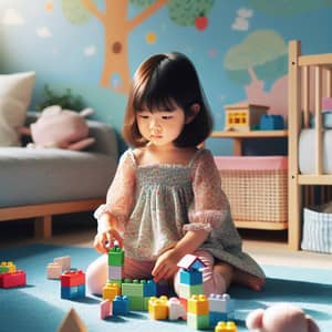6-Year-Old Asian Girl Playing with Building Blocks