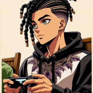 Tall Latino Boy with Long Twists Hair Playing Video Games in Anime Art Style