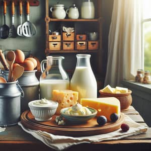 Rustic Dairy Products Arrangement | Fresh Cheese, Milk, Yogurt & Butter