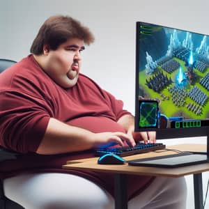 Overweight Person Engrossed in Minecraft-Starcraft Game on PC