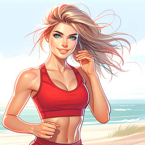 Fitness-Oriented Woman Training on Beach in Red Sportswear