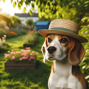 Playful Beagle in Straw Hat Enjoying Sunny Park