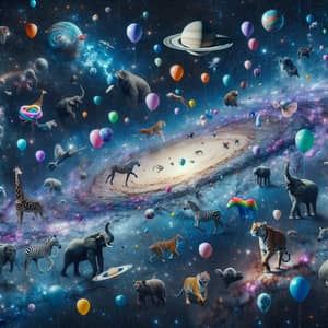 Cosmic Zoo: Surrealistic Scenes with Zoo Animals and Balloons