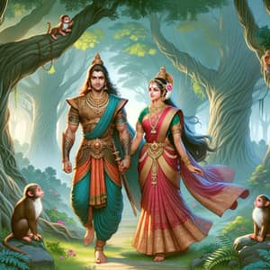 Epic Mythology Scene: South Asian Man and Woman in Royal Attire under Ancient Trees