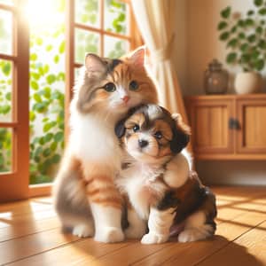 Fluffy Calico Cat and Cute Brown White Puppy Embrace