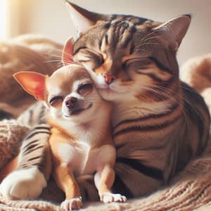 Interspecies Friendship: Tabby Cat Hugging Chihuahua Dog