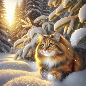 Beautiful Orange and Brown Cat Playing in Snowy Forest