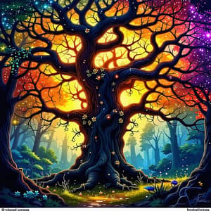 Enchanted Forest with Ancient Tree: Vibrant Fantasy Art