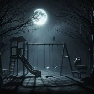Spooky Night Playground: Moonlit Haunted Scene with Swings and Slide