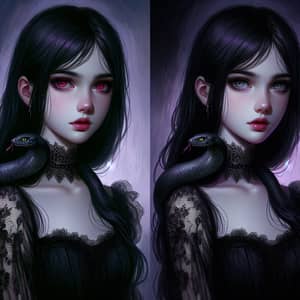 Gothic Fantasy Digital Painting of Young Girl with Black Hair and Red Eyes