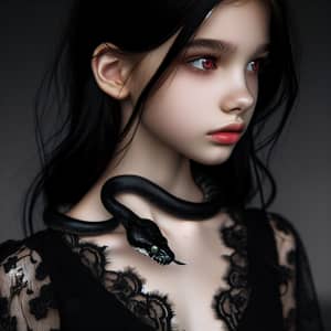 Ethereal Young Girl in Black Lace Dress with Red Eyes and Snake