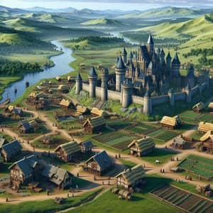 Medieval Kingdom Landscape: Castle, Villages, River & Farmers
